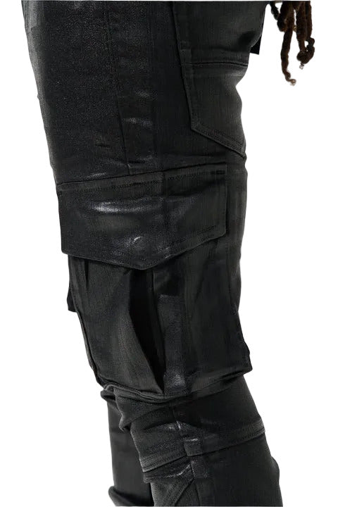 SERENEDE® Onyx black cargo jeans with resin wax coating, multi-pocket styling, fitted construction, and branded details