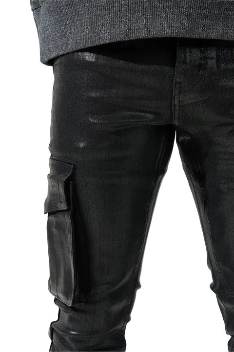 SERENEDE® Onyx black cargo jeans with resin wax coating, multi-pocket styling, fitted construction, and branded details