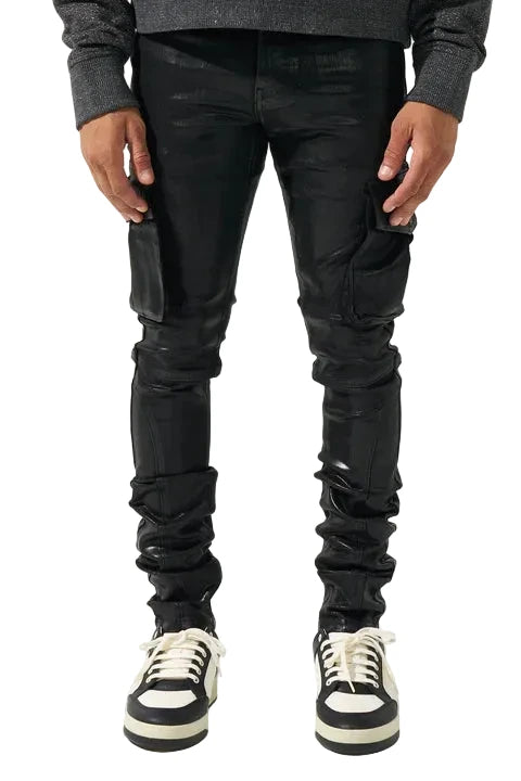 SERENEDE® Onyx black cargo jeans with resin wax coating, multi-pocket styling, fitted construction, and branded details