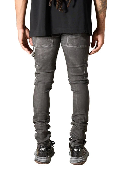 SERENEDE® ORCA black overspray on white jeans with fitted carpenter construction, leather waistband patch, embroidered logo, and branded hardware