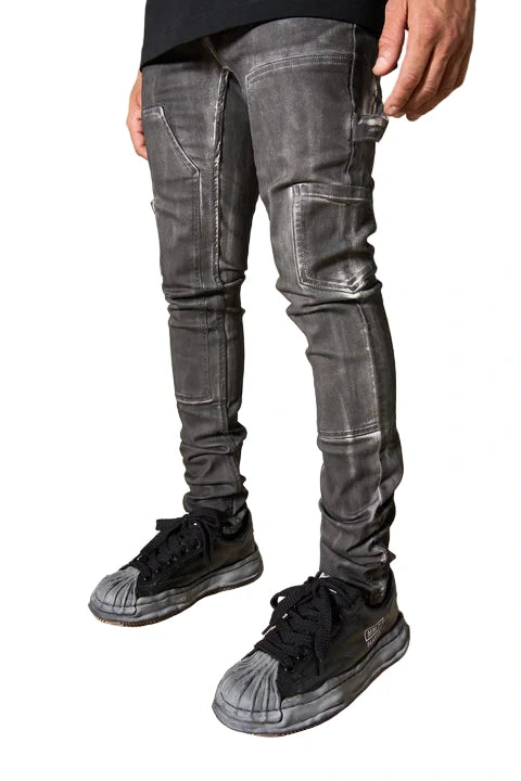 SERENEDE® ORCA black overspray on white jeans with fitted carpenter construction, leather waistband patch, embroidered logo, and branded hardware