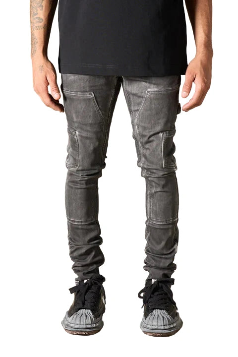 SERENEDE® ORCA black overspray on white jeans with fitted carpenter construction, leather waistband patch, embroidered logo, and branded hardware