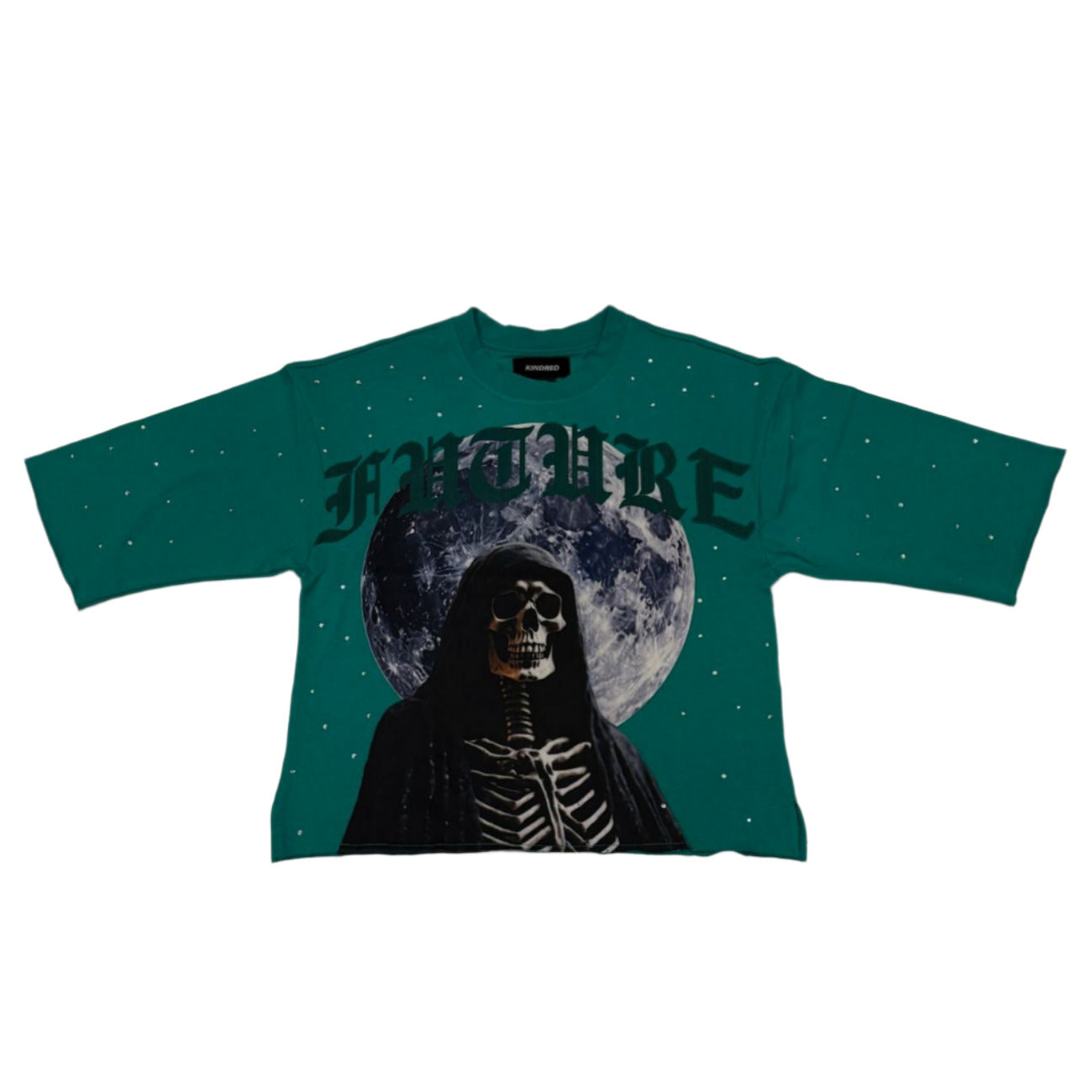 Green sweatshirt with a skeleton design on a marble floor