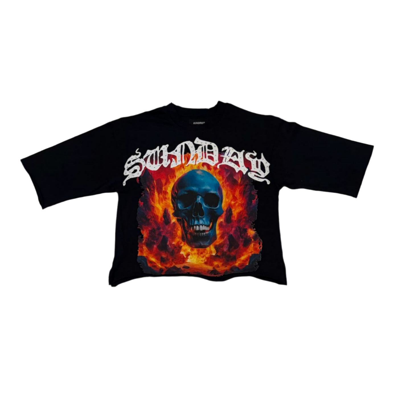 Black t-shirt with a graphic design on a marble floor