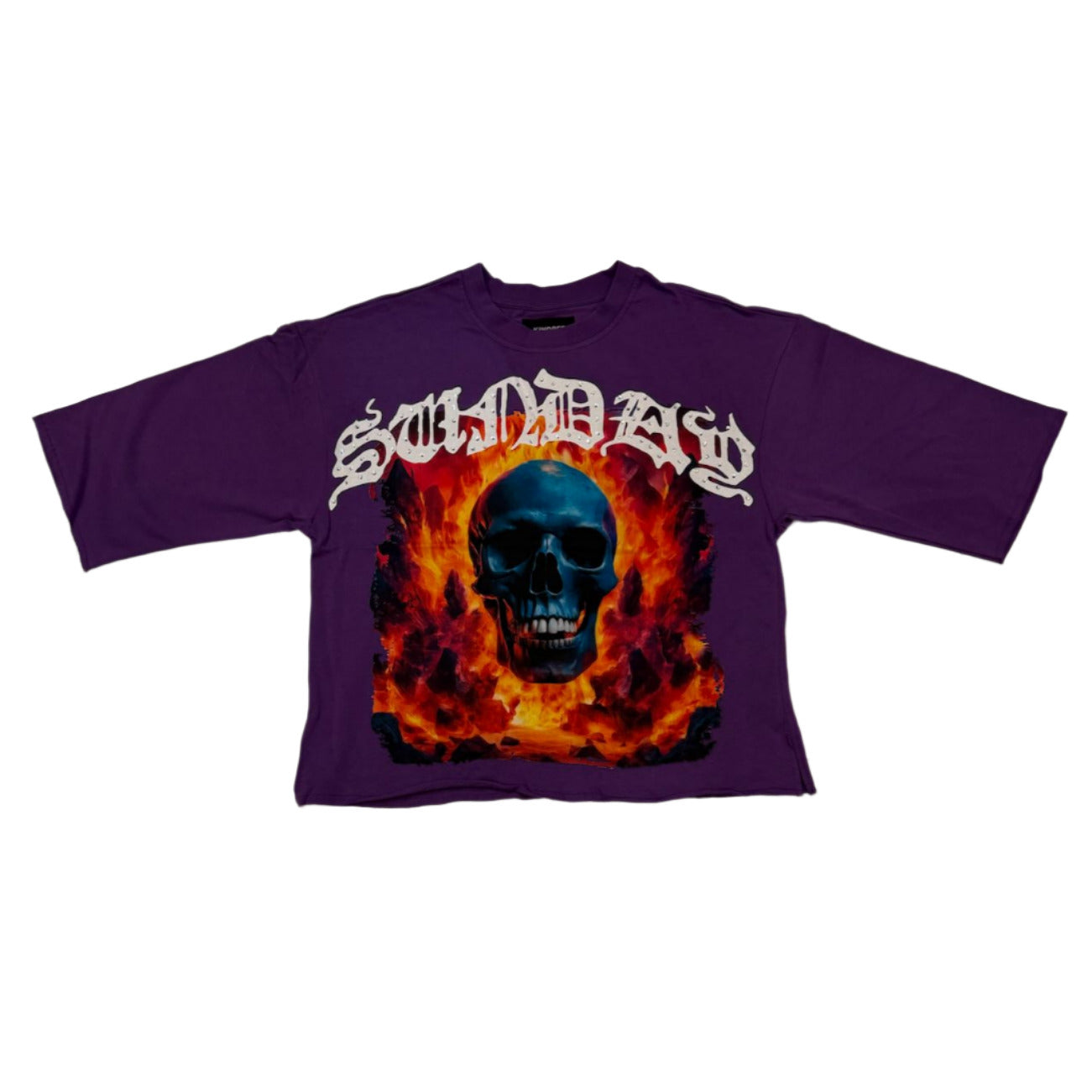 Purple t-shirt with a graphic design of a skull in flames