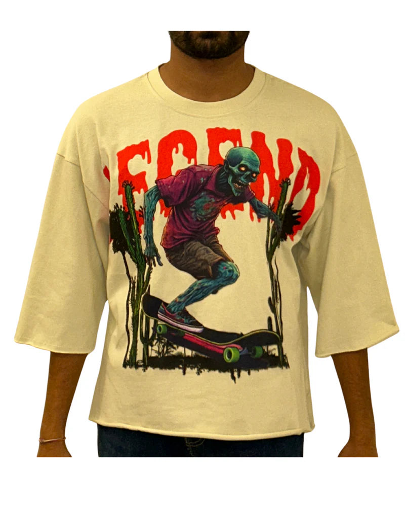Beige t-shirt with graphic design of a person on a skateboard