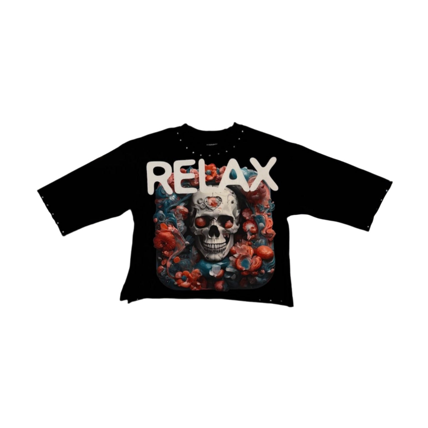  Black oversized cropped t-shirt with rhinestone detailing across the front.