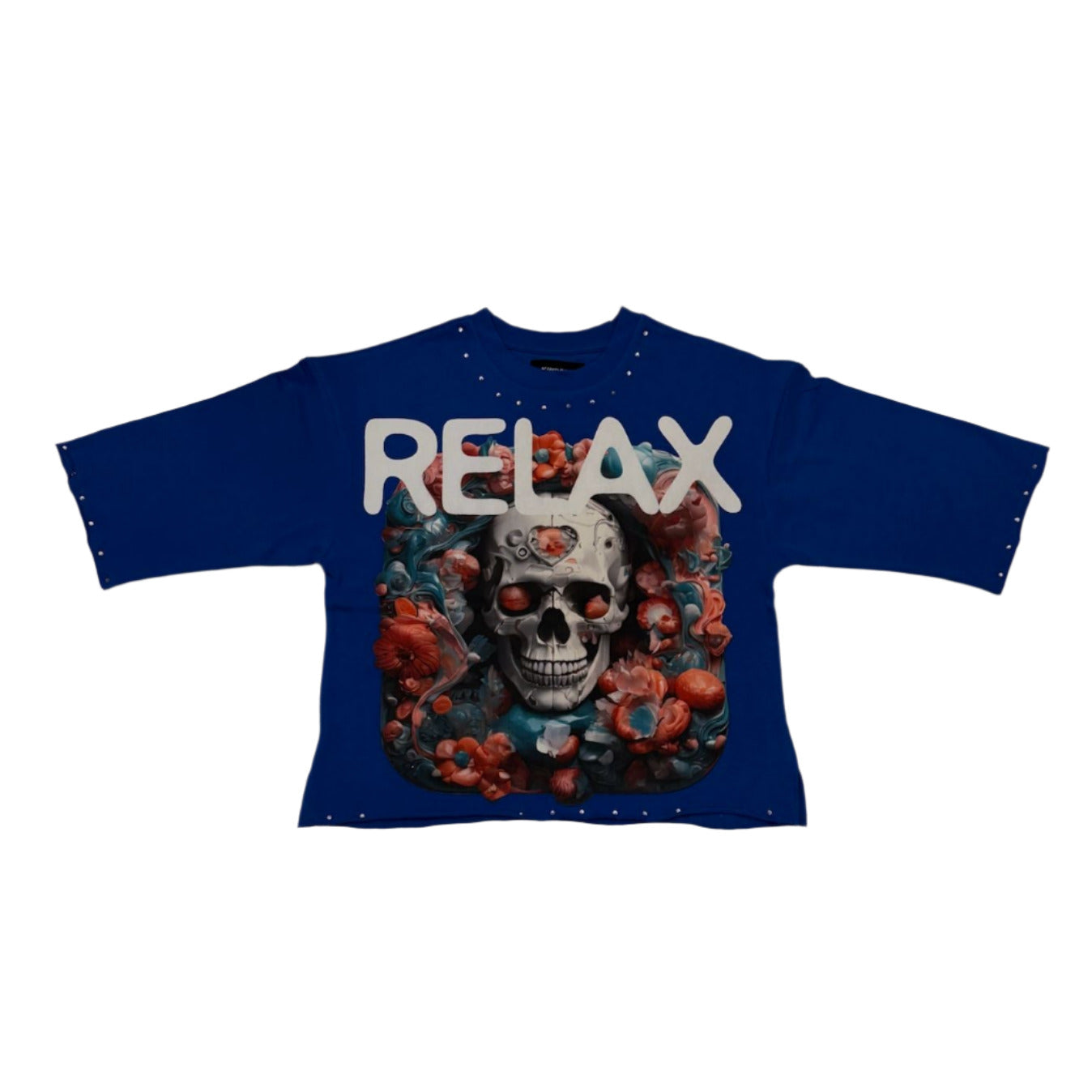 Royal blue oversized crop t-shirt with sparkling rhinestones across the front.