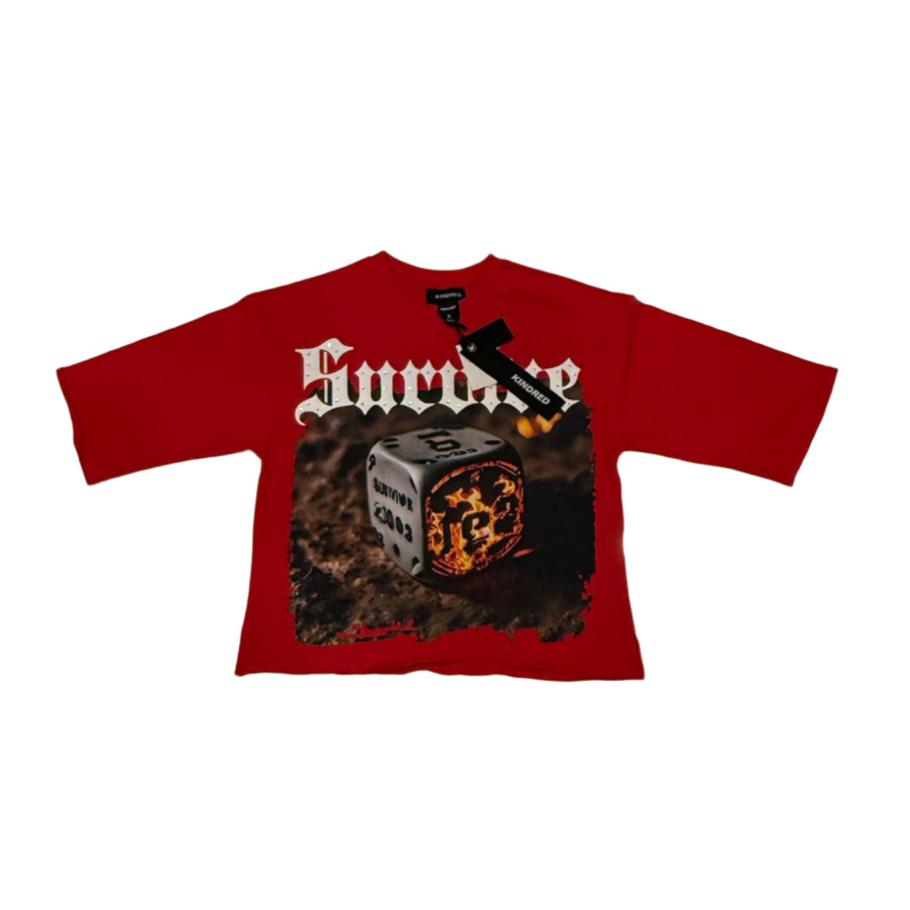  Red oversized cropped tee with rhinestone detailing on the front.