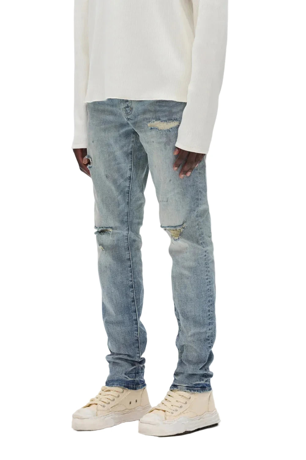 Purple-Brand Core White Label stretch skinny jeans with paint spots, abrasions, and signature hangtag.