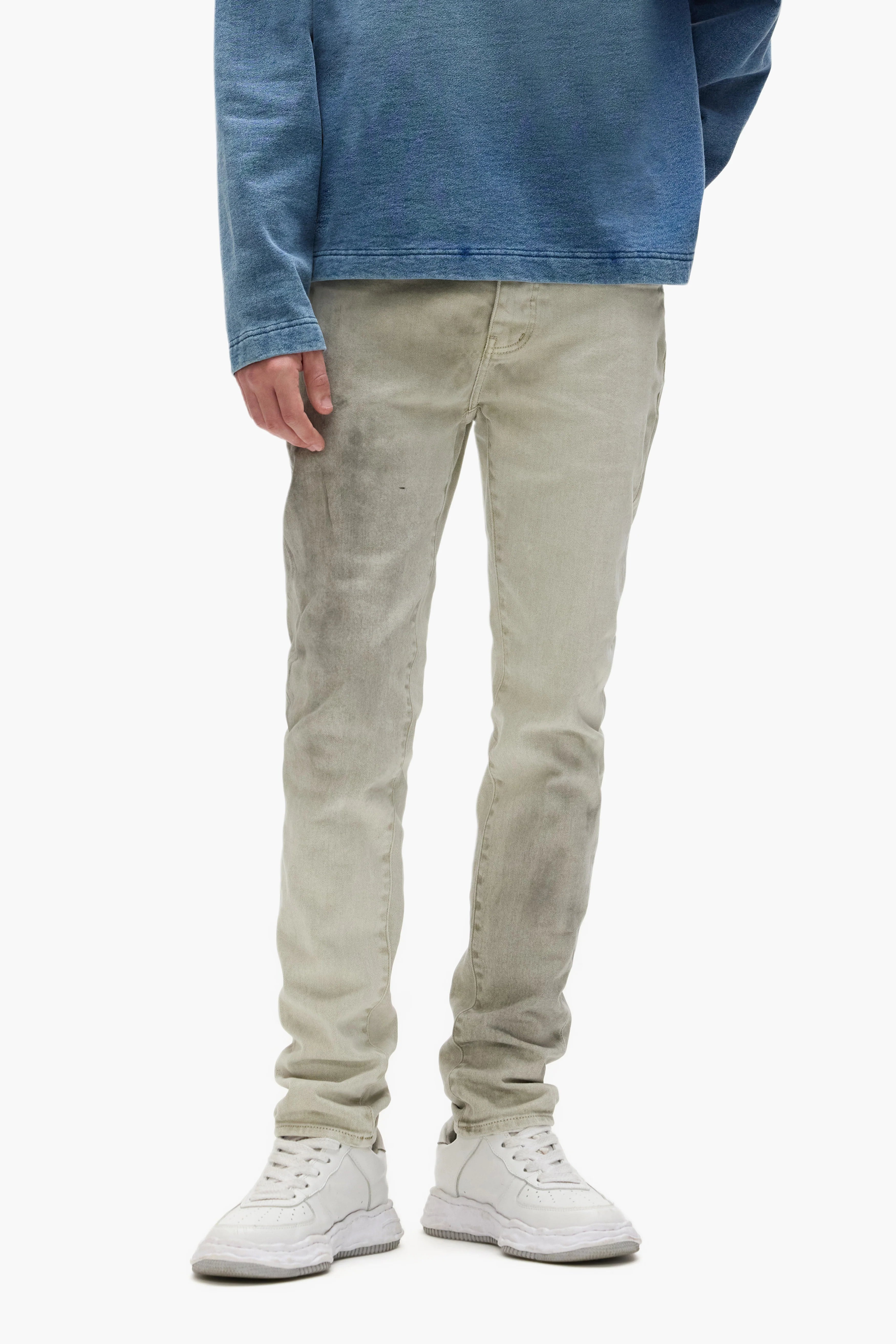 Purple Brand Pre-Fall 2025 stretch denim jeans in overdyed finish with 5-pocket design laid flat