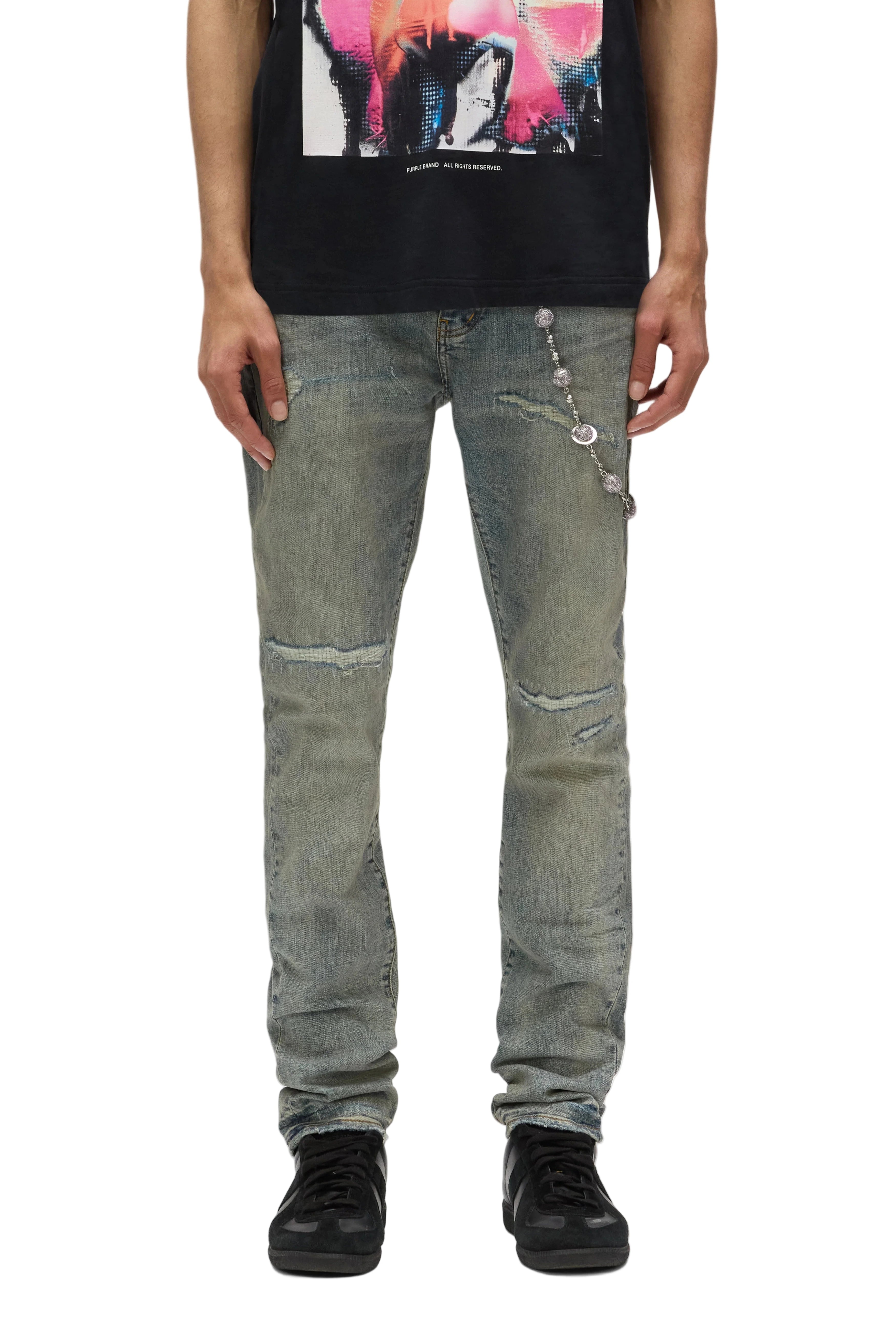 Purple Brand Core White Label Light Indigo skinny jeans with abrasions, repairs, hand-finished washes, and branded leather patch, featuring reinforced stitching and a low-rise fit.