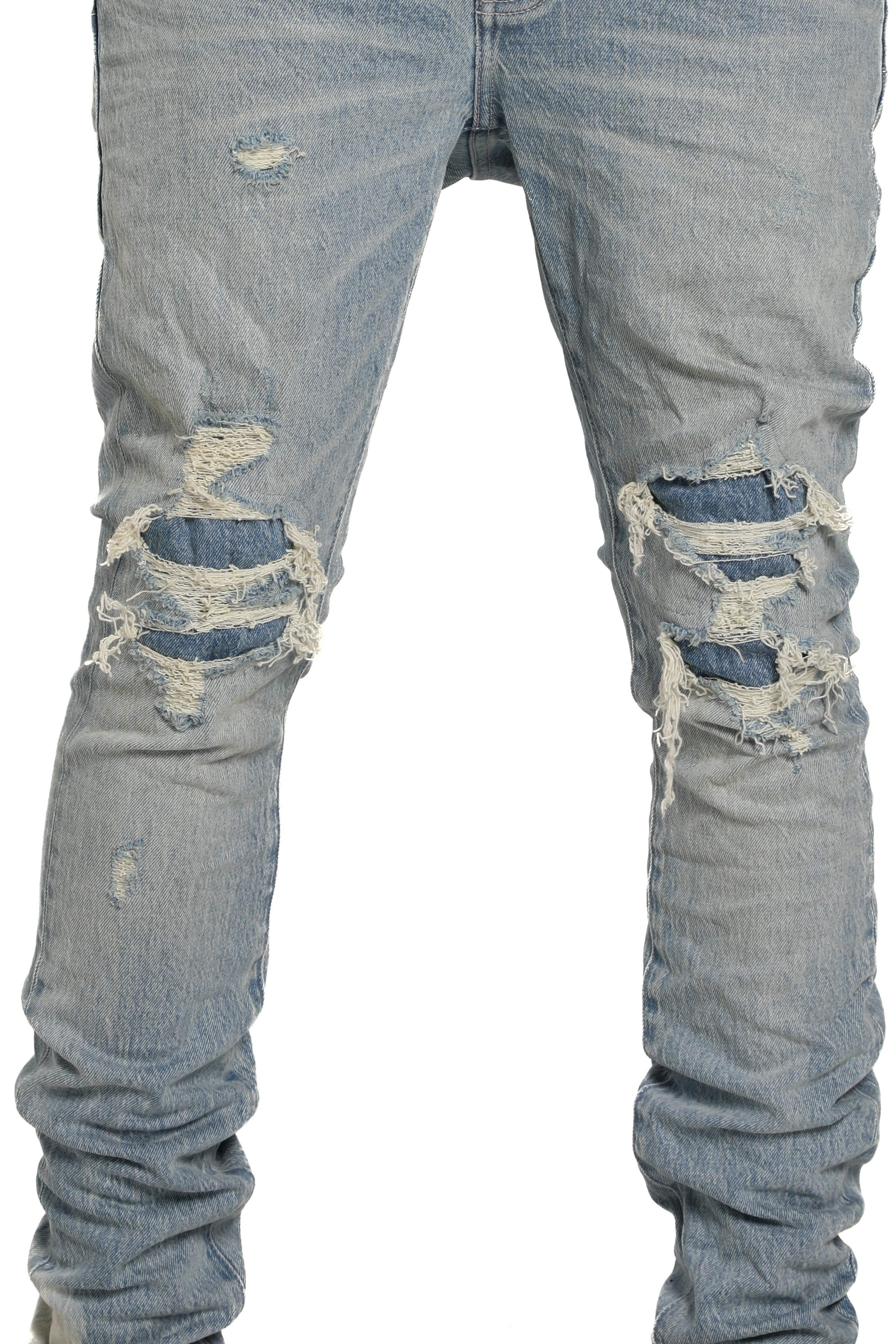 Purple Brand P001 Repairs Light Indigo stretch skinny jeans with low rise, reinforced pockets, back pocket detailing, and hand-finished washes