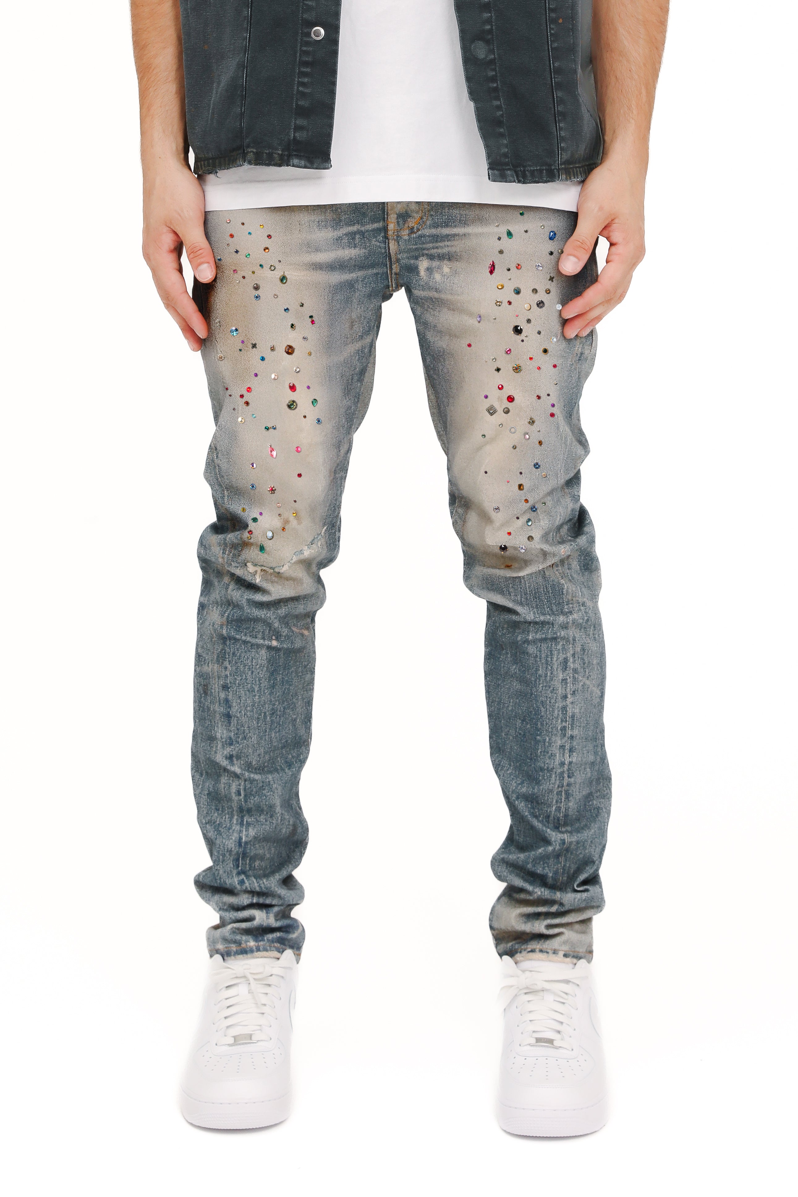 Purple Brand P001 Jewel Print Light Indigo jeans with crystals, metallic studs, and pearly paillettes, contour-hugging fit, and five-pocket design