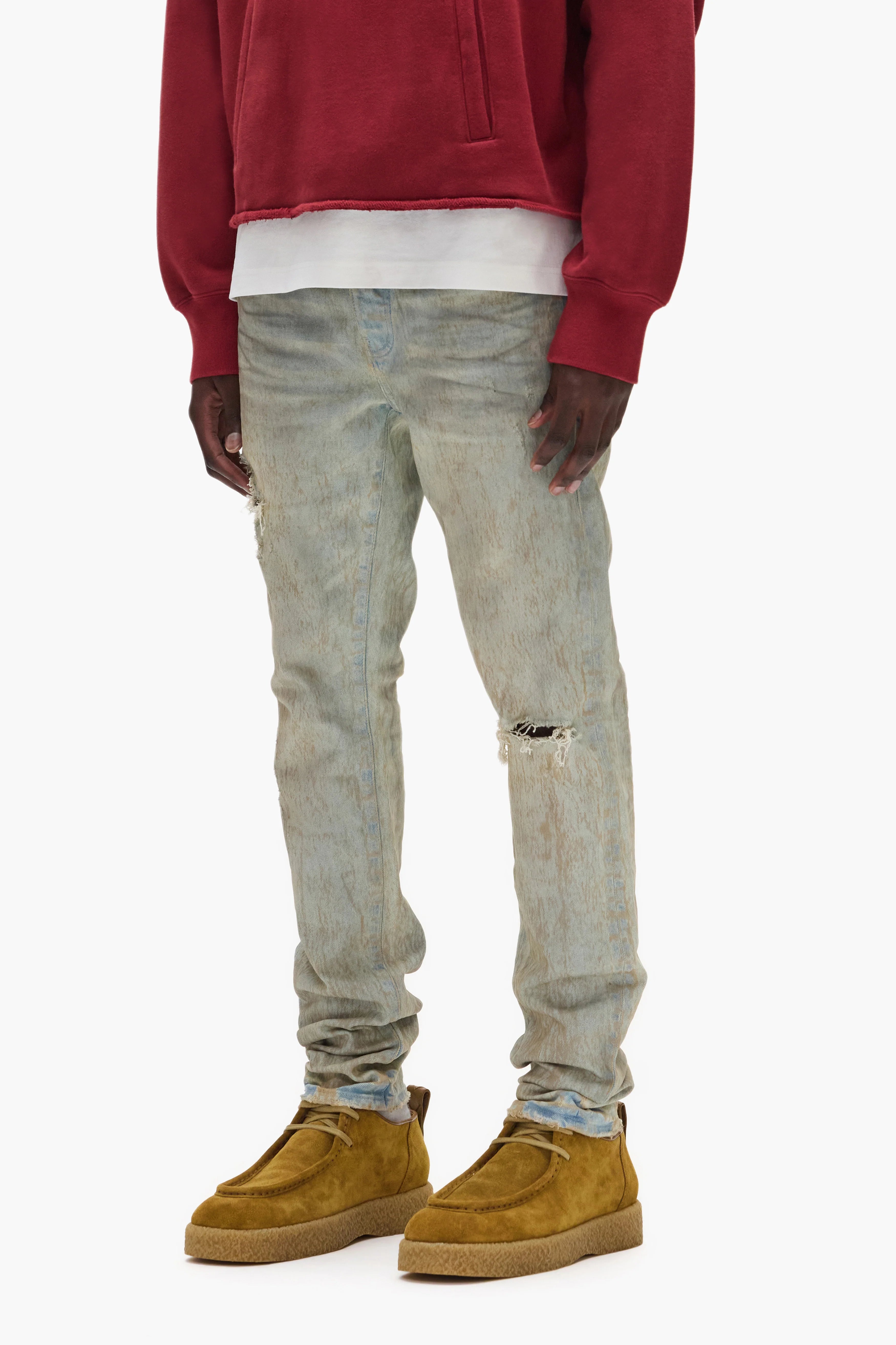Purple Brand White Label Premium Stretch Denim Jeans in low-rise fit with hand-finished dye, reinforced details, and signature hang tag.