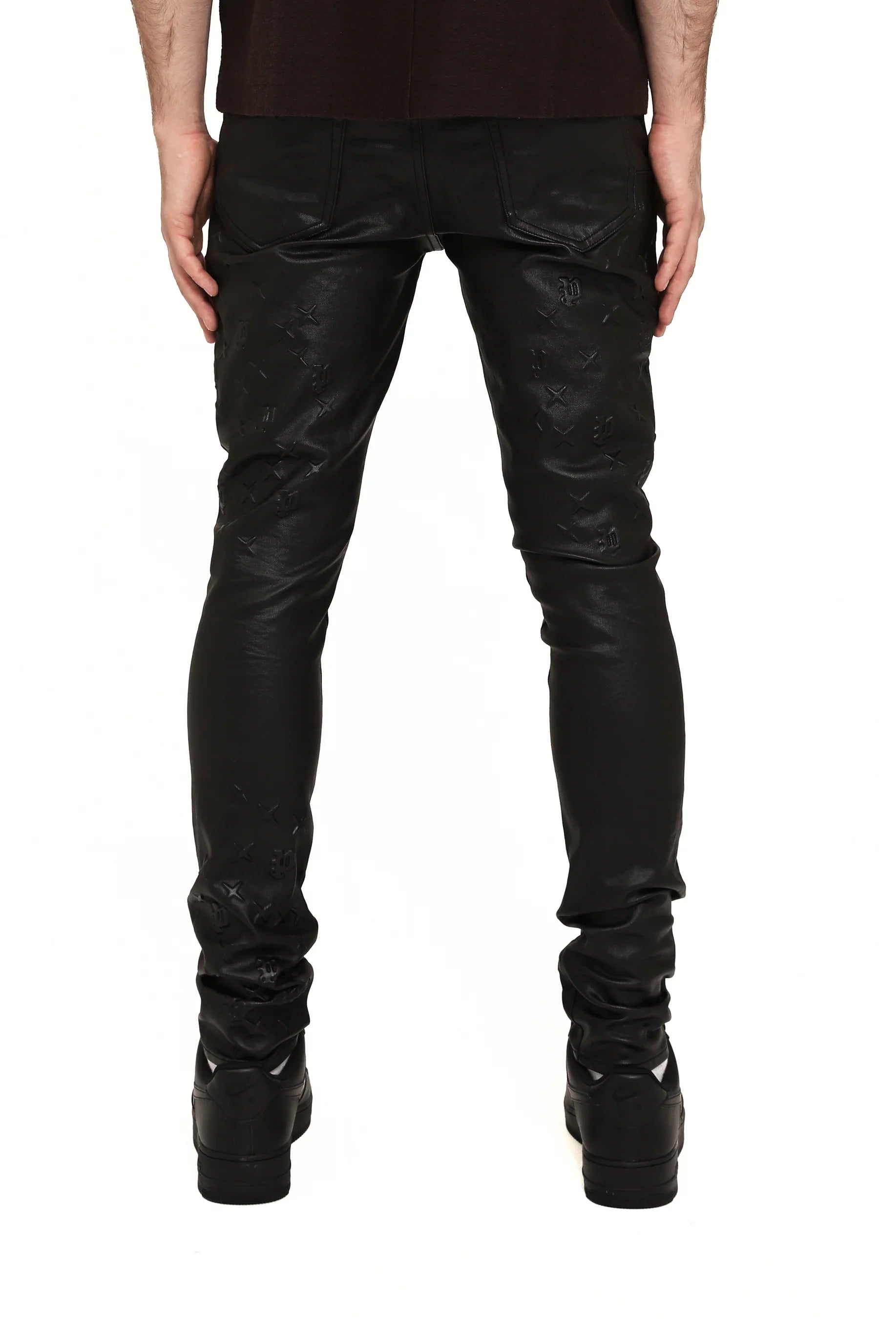 Purple Brand P001 Skinny Embossed Film Jeans in black stretch denim with embossed film treatment, style P001-SMBS425.