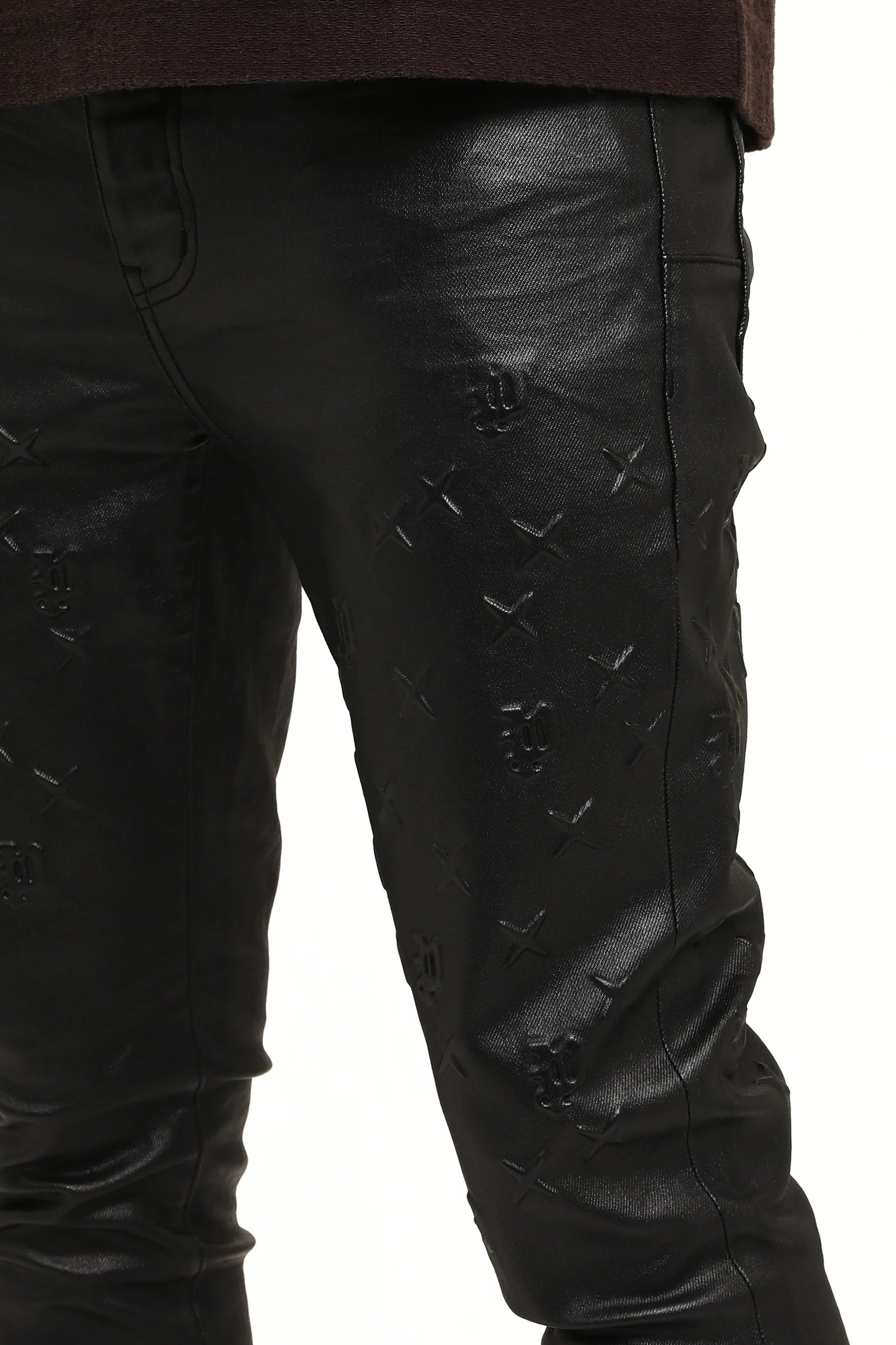 Purple Brand P001 Skinny Embossed Film Jeans in black stretch denim with embossed film treatment, style P001-SMBS425.