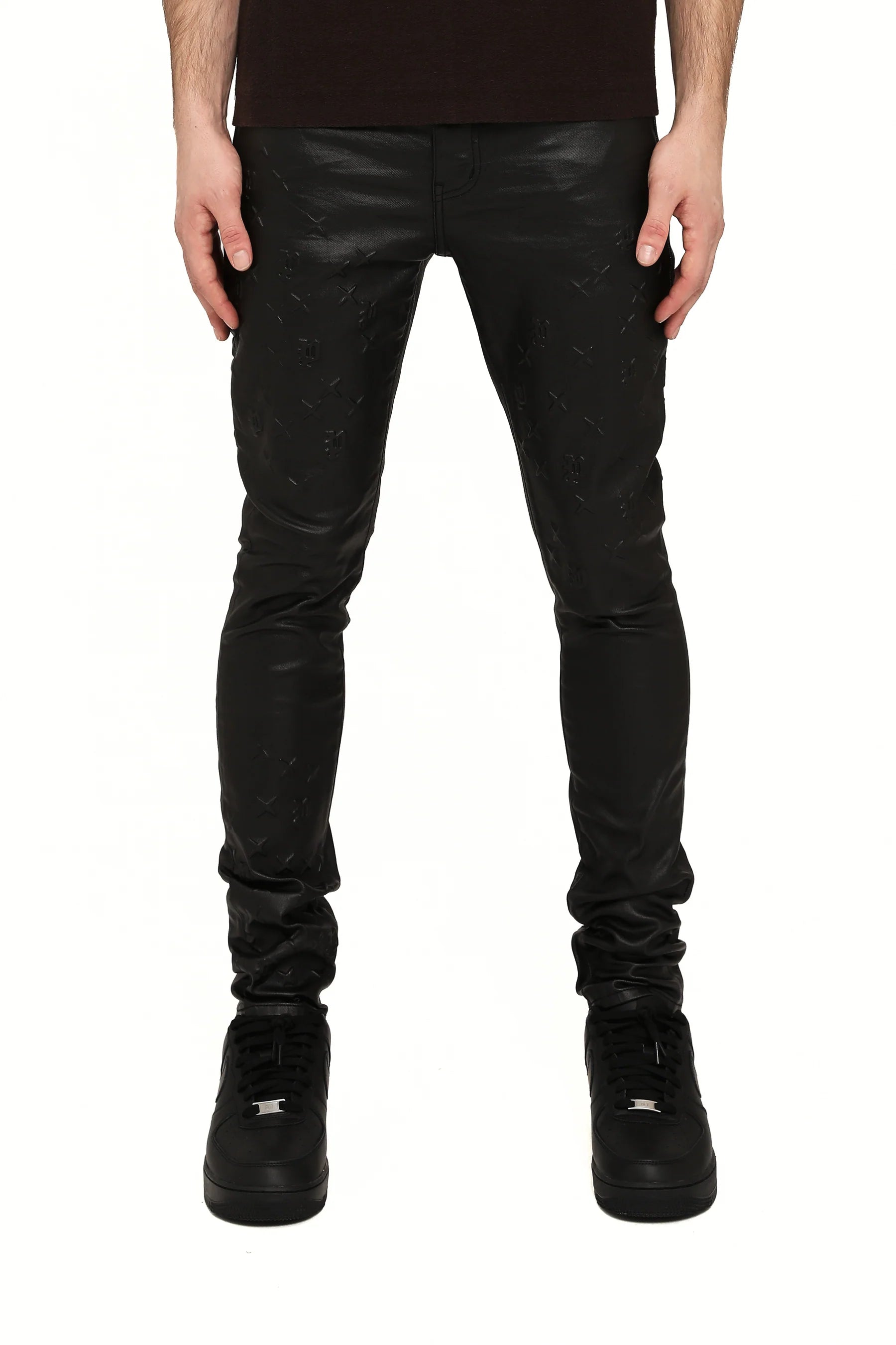 Purple Brand P001 Skinny Embossed Film Jeans in black stretch denim with embossed film treatment, style P001-SMBS425.