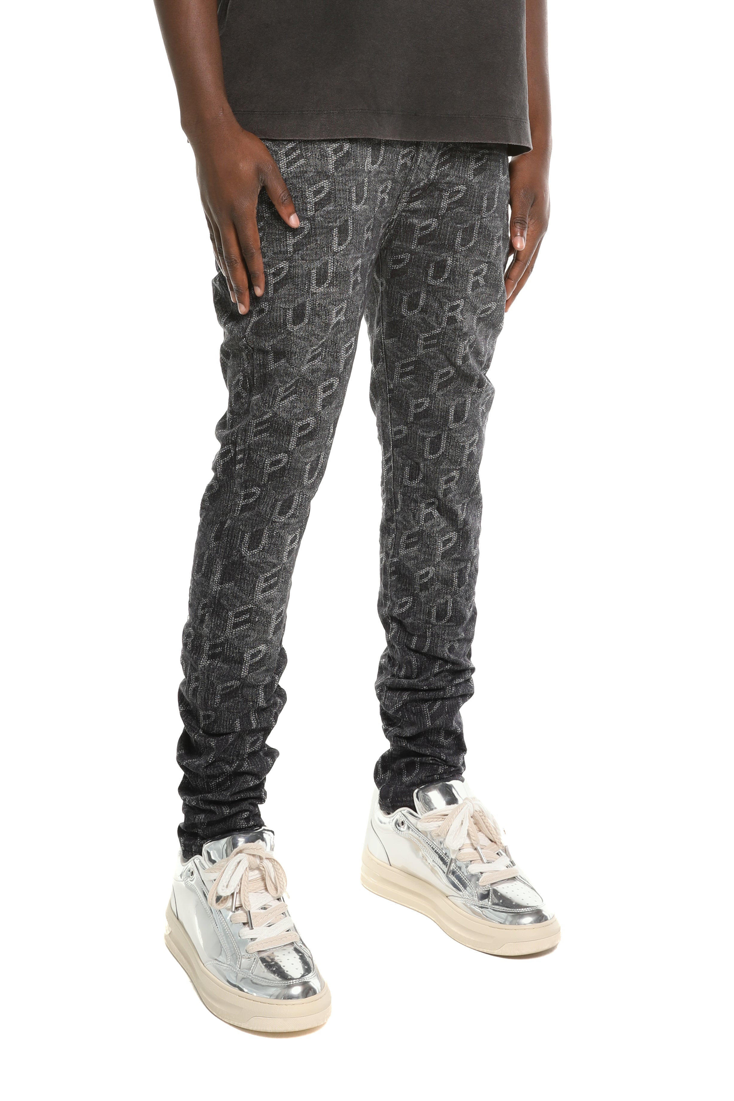 Purple Brand P001 Printed Monogram superskinny black jeans with dimensional monogram detailing and five-pocket design