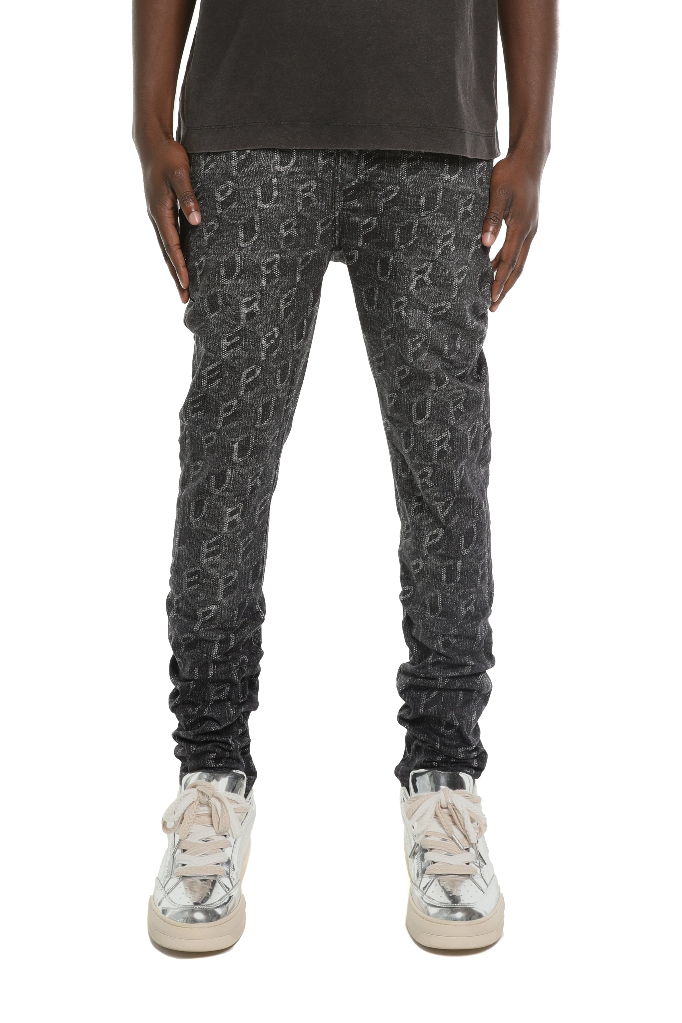 Purple Brand P001 Printed Monogram superskinny black jeans with dimensional monogram detailing and five-pocket design