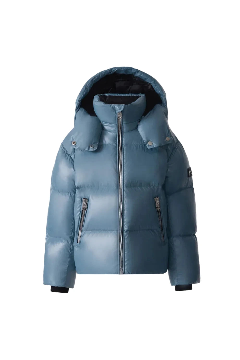 Mackage JESSE light recycled nano down jacket with removable hood, storm visor, and insulated pockets for kids.