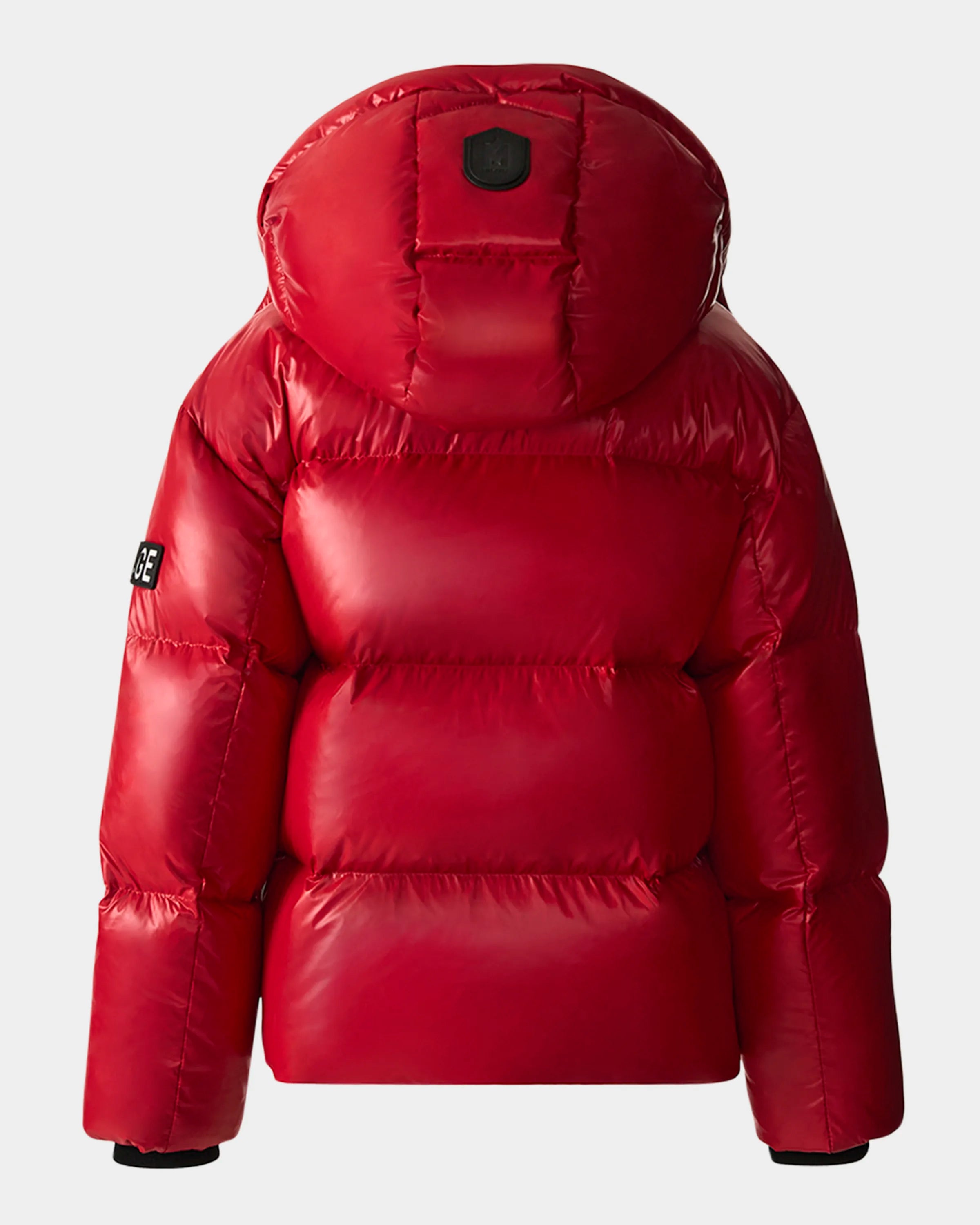 Mackage Jesse nylon puffer jacket with removable hood, storm visor, and insulated zippered waist pockets.