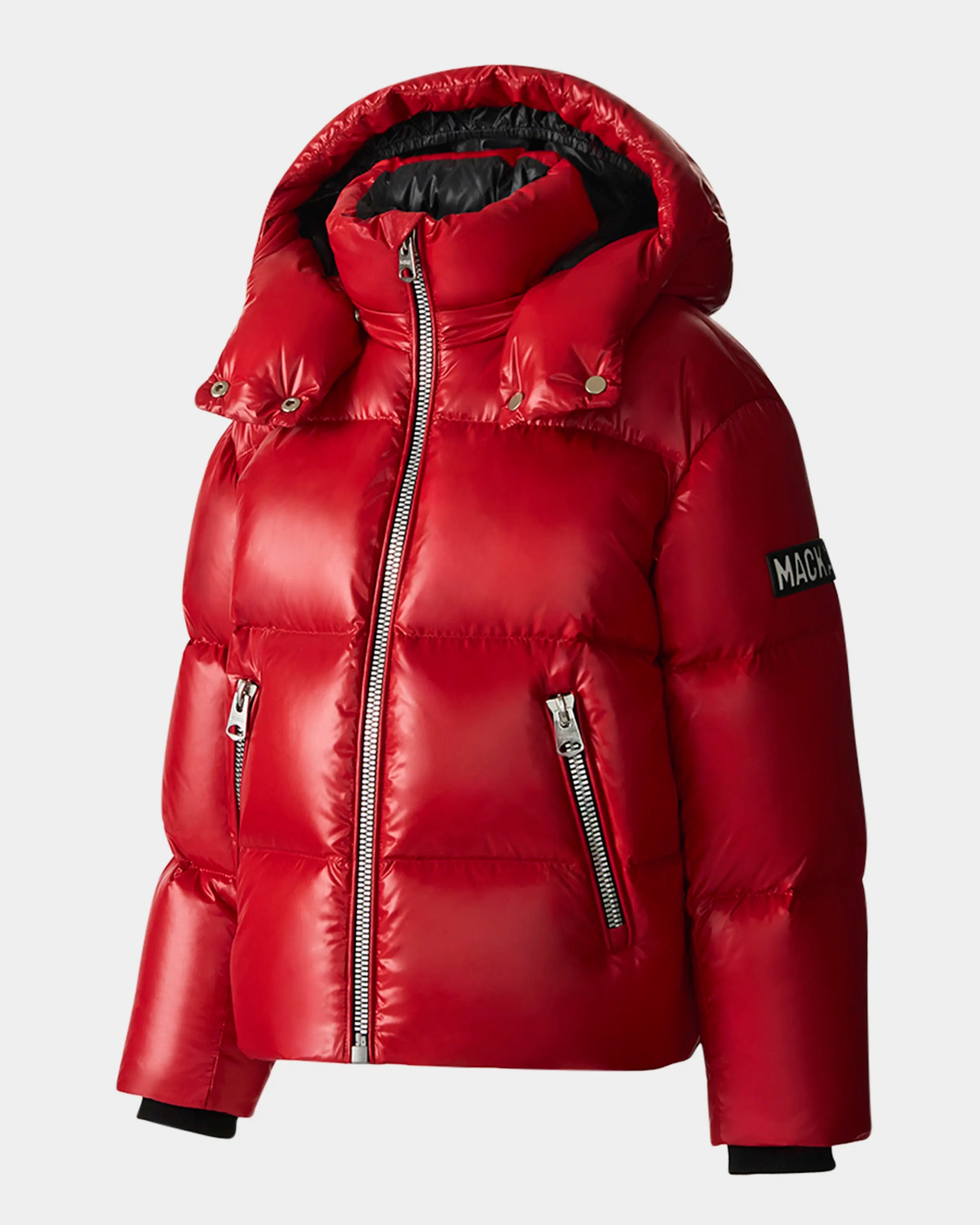 Mackage Jesse nylon puffer jacket with removable hood, storm visor, and insulated zippered waist pockets.