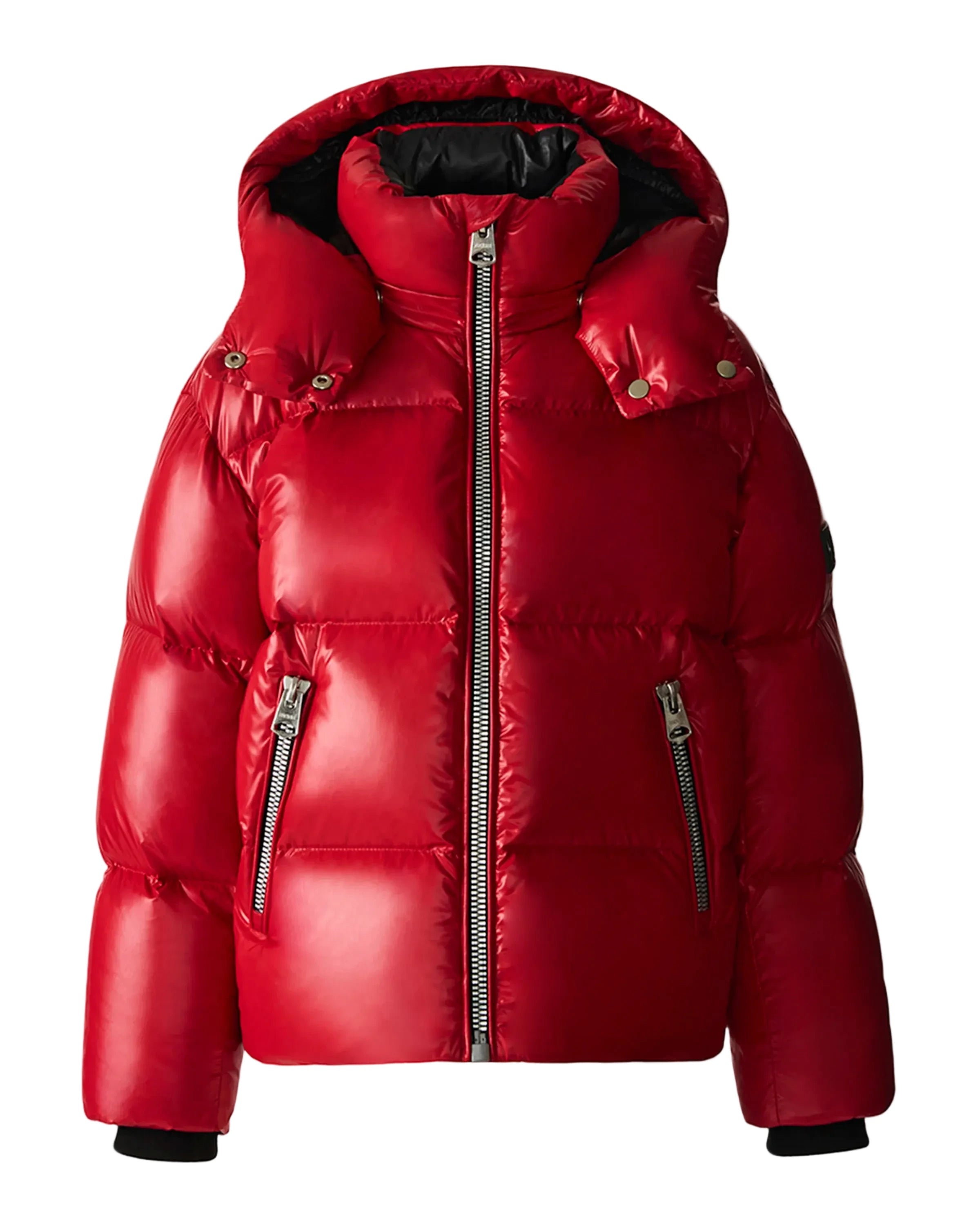 Mackage Jesse nylon puffer jacket with removable hood, storm visor, and insulated zippered waist pockets.