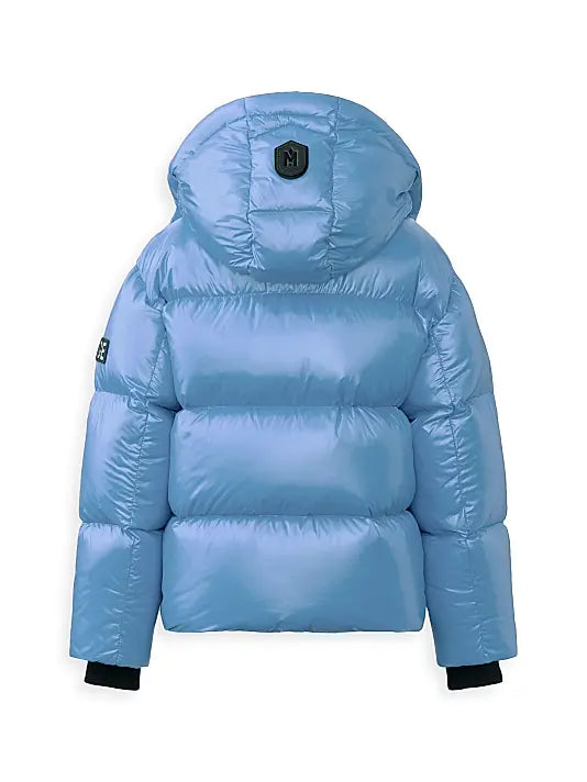 Mackage quilted down puffer jacket with detachable hood and logo patch on sleeve.