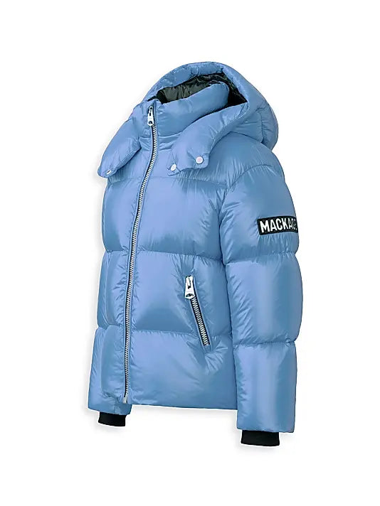 Mackage quilted down puffer jacket with detachable hood and logo patch on sleeve.