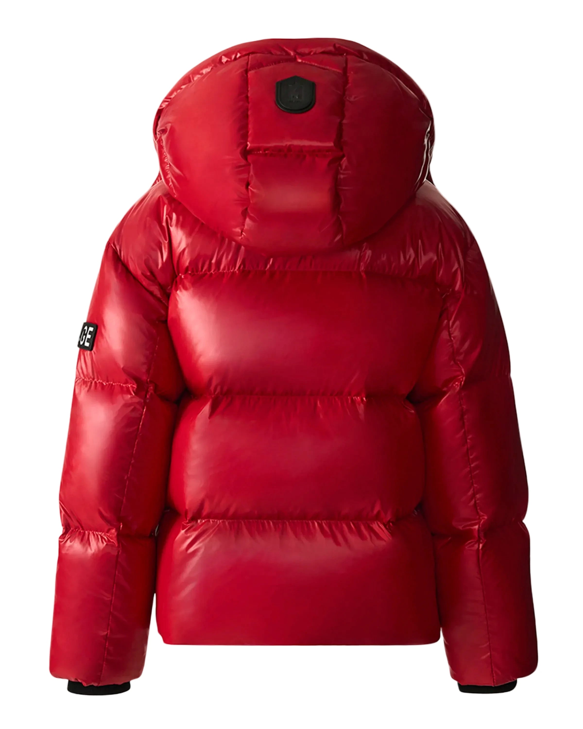 Mackage Jesse nylon puffer jacket with removable hood, storm visor, and insulated zippered waist pockets.