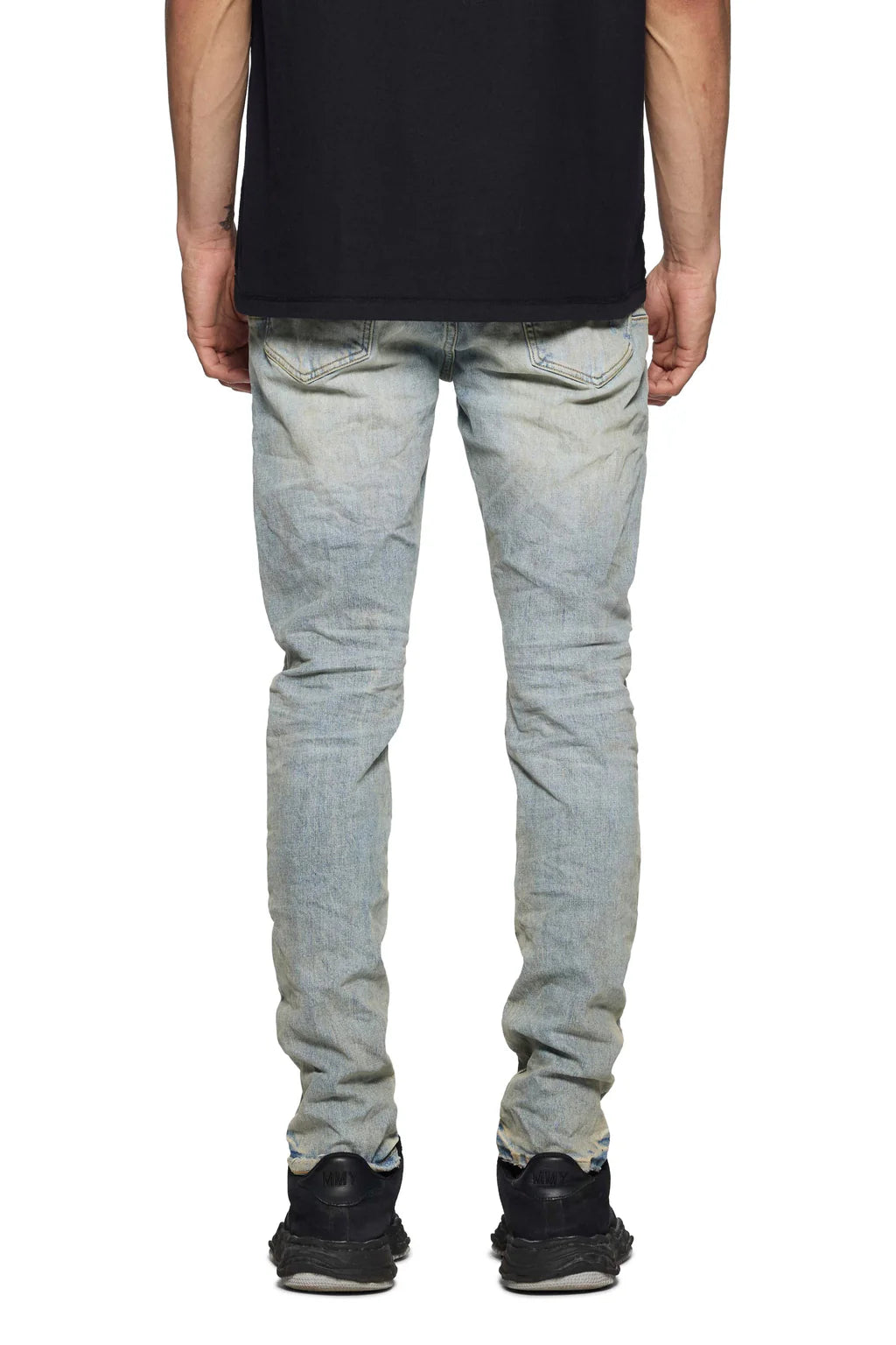 Purple Brand Venice Sun Bleached Jeans in light indigo with slim fit, sun-faded wash, and subtle whiskering.