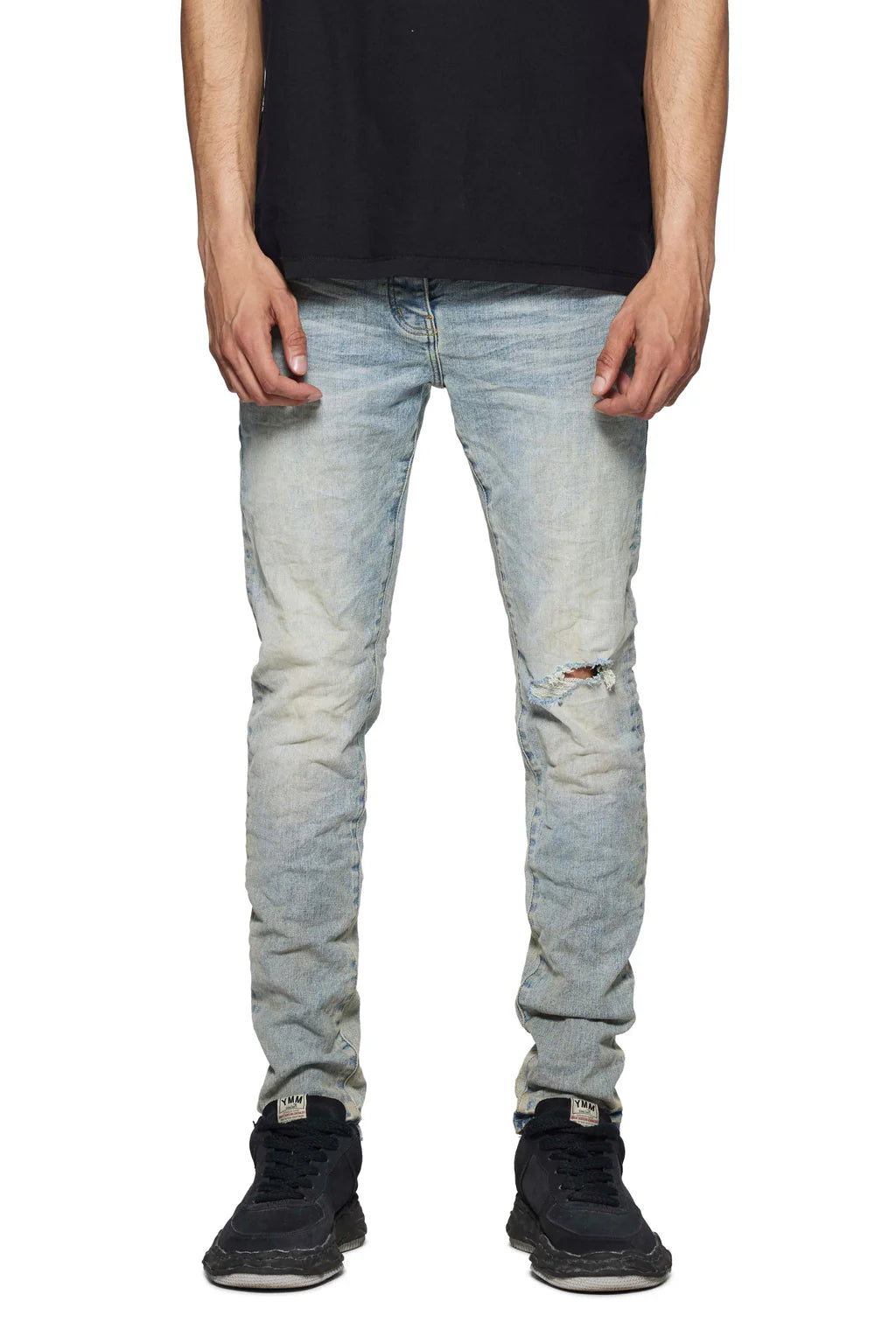 Purple Brand Venice Sun Bleached Jeans in light indigo with slim fit, sun-faded wash, and subtle whiskering.