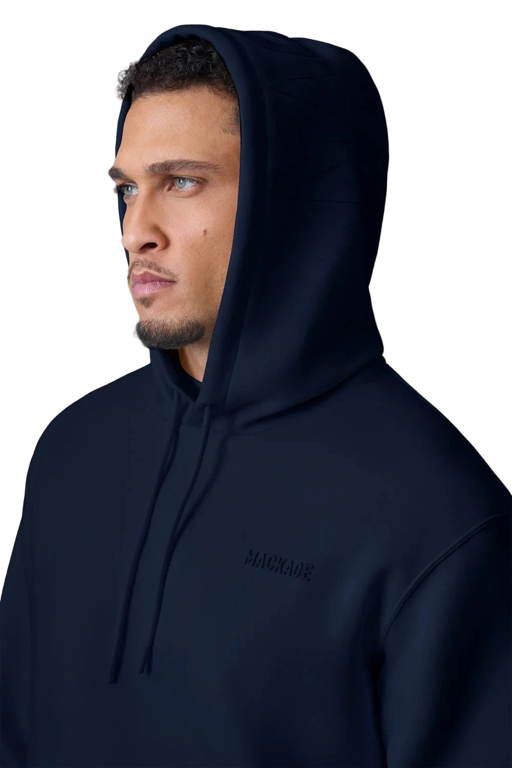 “MACKAGE KOLTON hoodie in soft double-face jersey, beige color, relaxed fit with kangaroo pocket, adjustable drawcord hood, and silicone MACKAGE logo at chest and hood – luxury streetwear sweatshirt for men.”