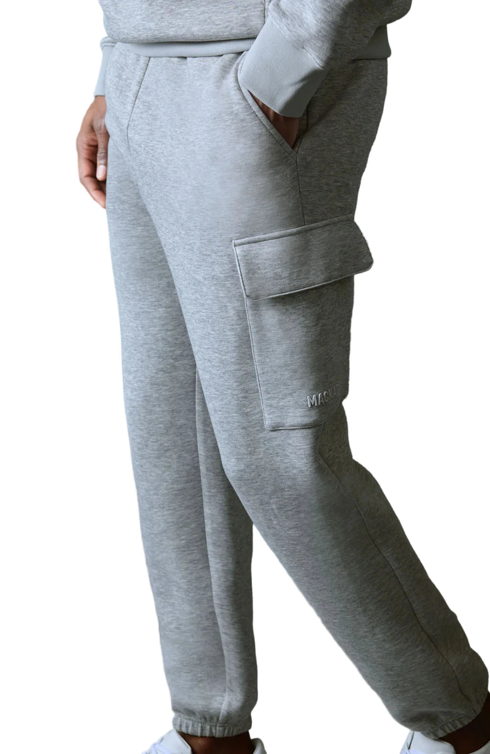 “MACKAGE MARVIN-R cargo sweatpants in soft double-face jersey, classic fit with elastic waistband and cuffs, flap patch pocket with silicone MACKAGE logo, slash waist pockets, back welt pocket, and contrast fabric detailing – luxury streetwear joggers for men.”