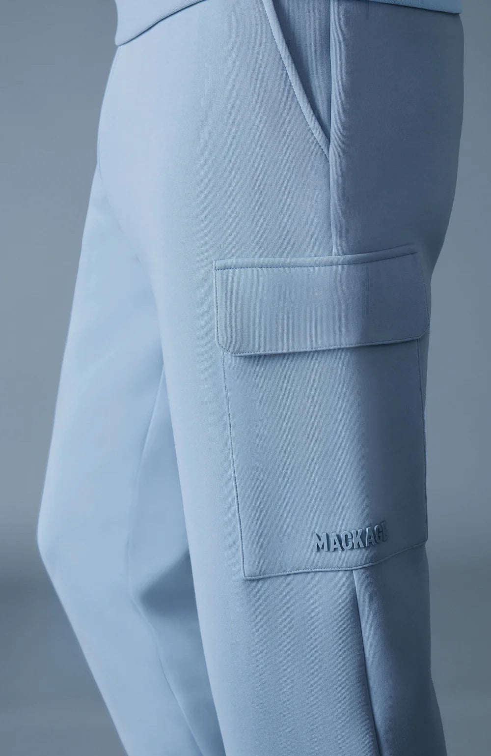 “MACKAGE MARVIN-R cargo sweatpants in soft double-face jersey, classic fit with elastic waistband and cuffs, flap patch pocket with silicone MACKAGE logo, slash waist pockets, back welt pocket, and contrast fabric detailing – luxury streetwear joggers for men.”