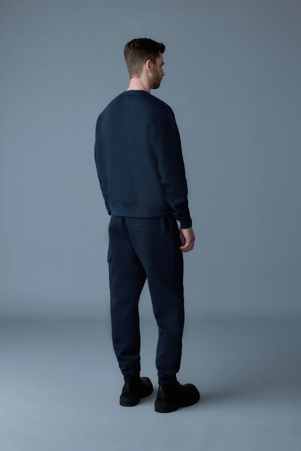 “MACKAGE MARVIN-R cargo sweatpants in soft double-face jersey, classic fit with elastic waistband and cuffs, flap patch pocket with silicone MACKAGE logo, slash waist pockets, back welt pocket, and contrast fabric detailing – luxury streetwear joggers for men.”