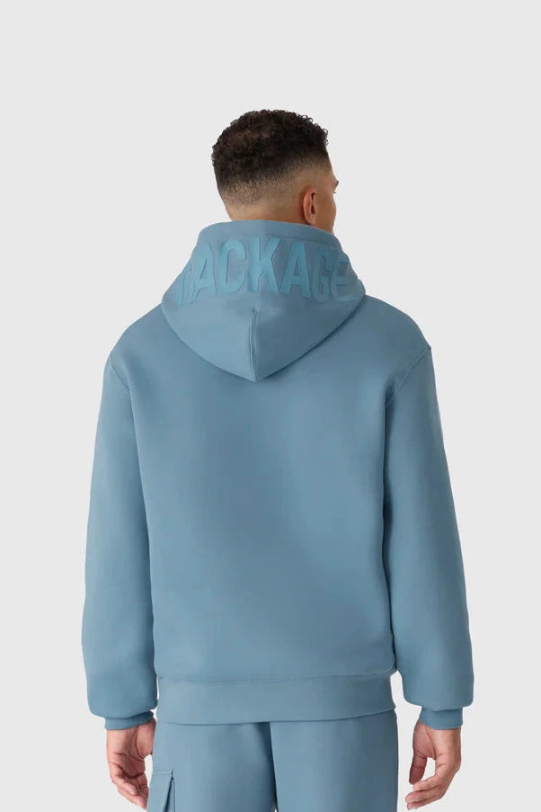 “MACKAGE KOLTON hoodie in soft double-face jersey, beige color, relaxed fit with kangaroo pocket, adjustable drawcord hood, and silicone MACKAGE logo at chest and hood – luxury streetwear sweatshirt for men.”