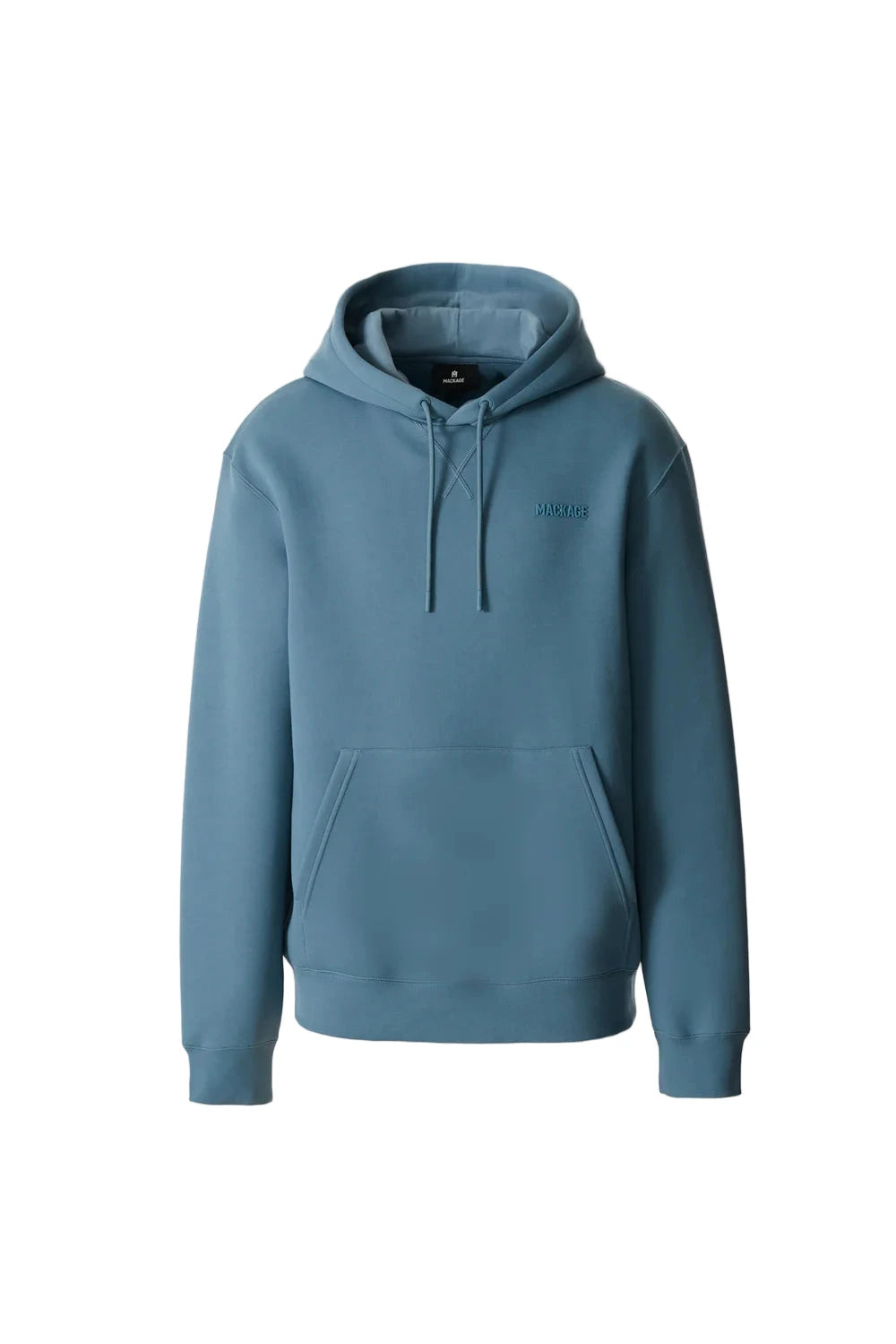 “MACKAGE KOLTON hoodie in soft double-face jersey, beige color, relaxed fit with kangaroo pocket, adjustable drawcord hood, and silicone MACKAGE logo at chest and hood – luxury streetwear sweatshirt for men.”