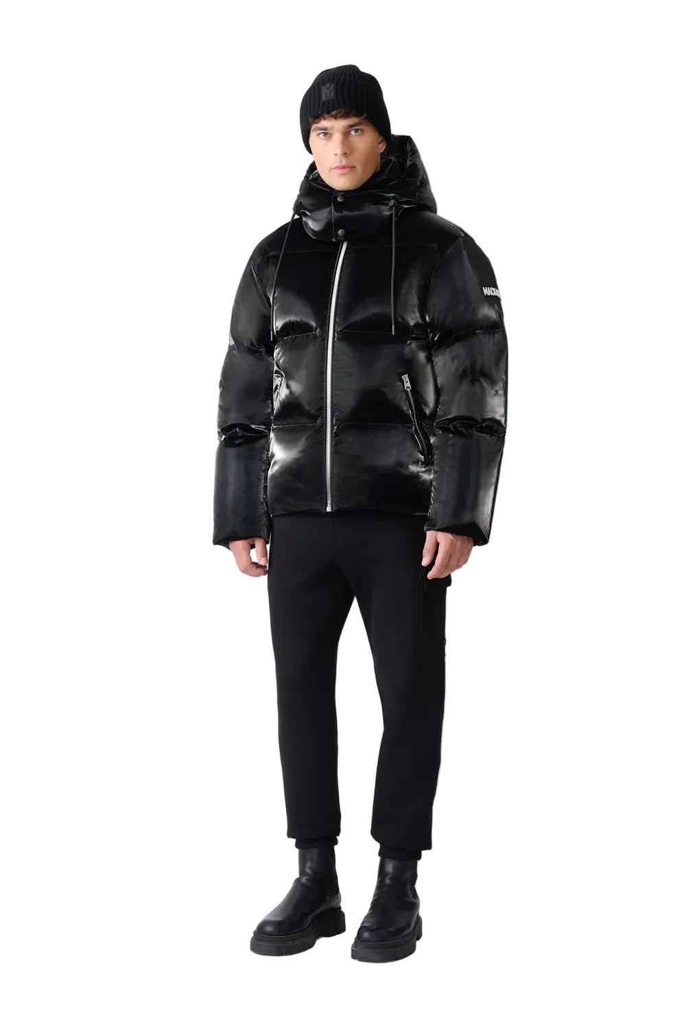 Mackage KENT-GLO high-gloss down jacket with removable hood, insulated pockets, and rib knit storm cuffs.