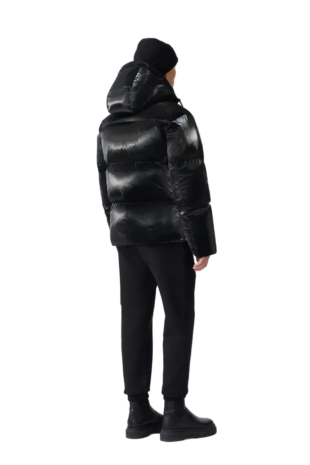 Mackage KENT-GLO high-gloss down jacket with removable hood, insulated pockets, and rib knit storm cuffs.