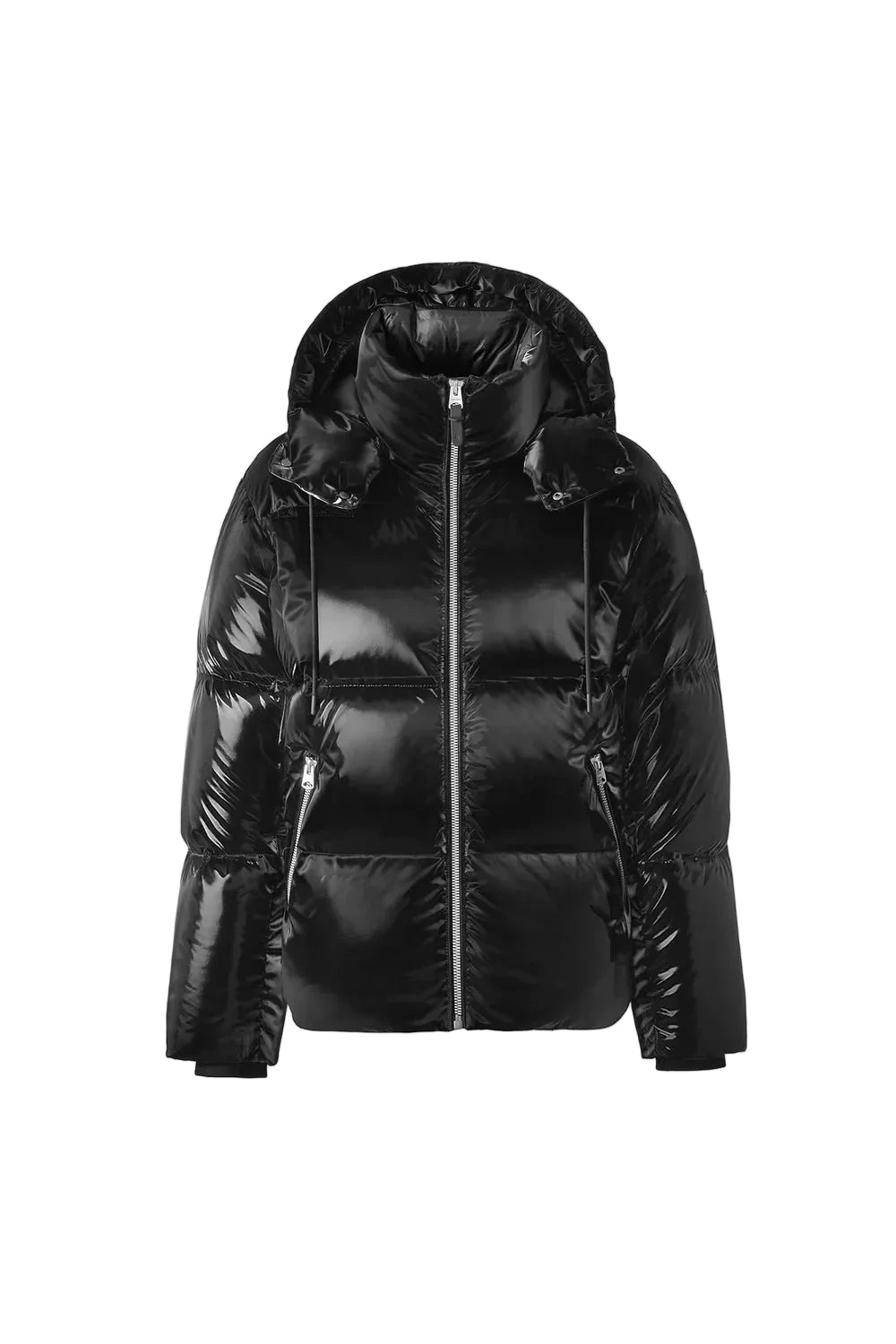 Mackage KENT-GLO high-gloss down jacket with removable hood, insulated pockets, and rib knit storm cuffs.