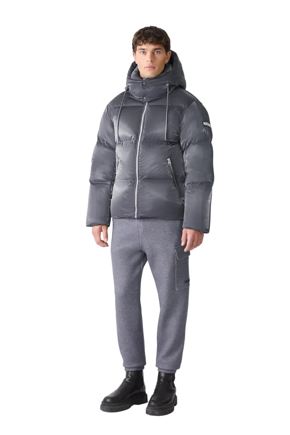 Mackage KENT-GLO high-gloss down jacket with removable hood and zippered insulated pockets.