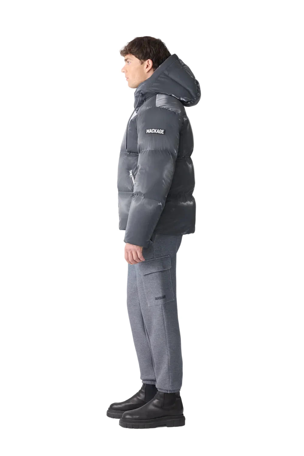 Mackage KENT-GLO high-gloss down jacket with removable hood and zippered insulated pockets.