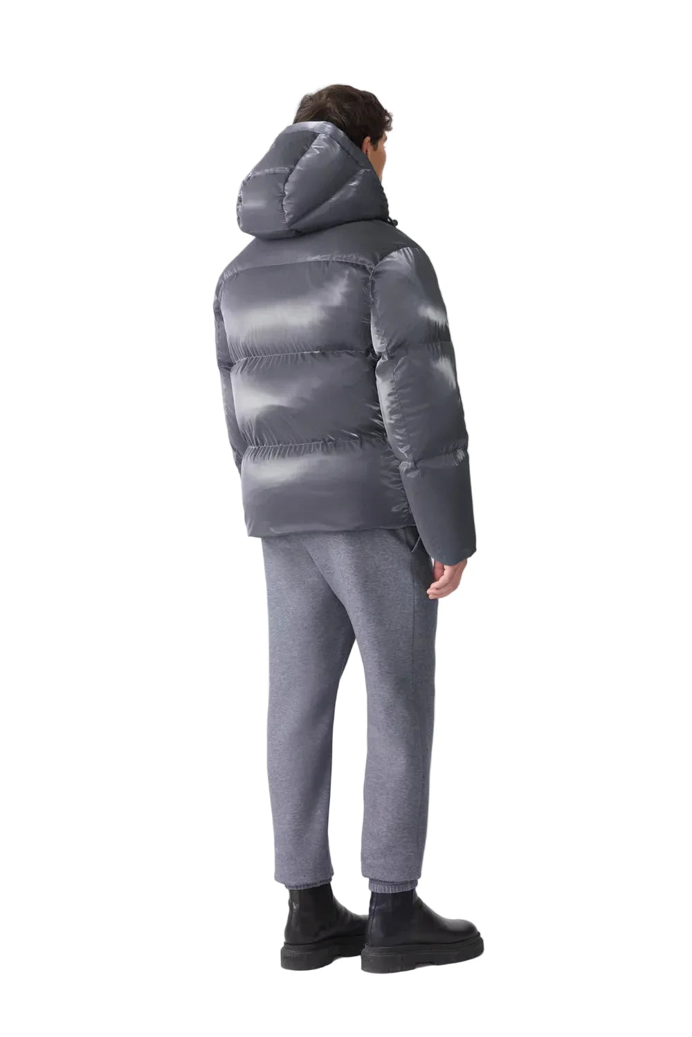 Mackage KENT-GLO high-gloss down jacket with removable hood and zippered insulated pockets.