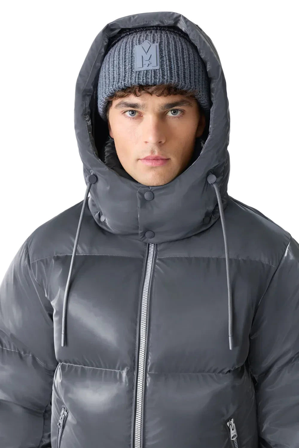 Mackage KENT-GLO high-gloss down jacket with removable hood and zippered insulated pockets.