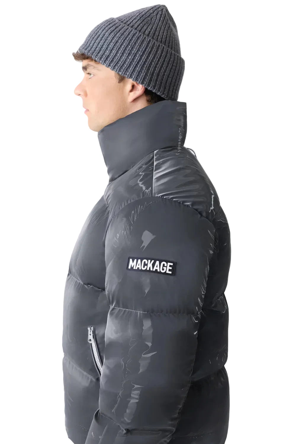 Mackage KENT-GLO high-gloss down jacket with removable hood and zippered insulated pockets.