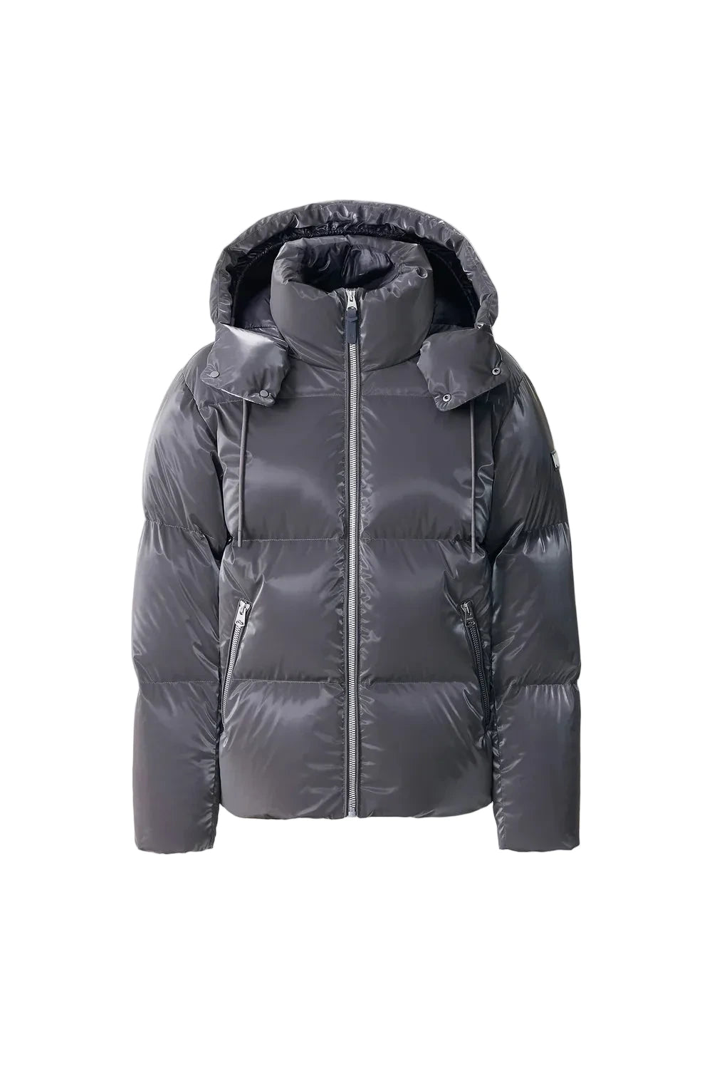 Mackage KENT-GLO high-gloss down jacket with removable hood and zippered insulated pockets.