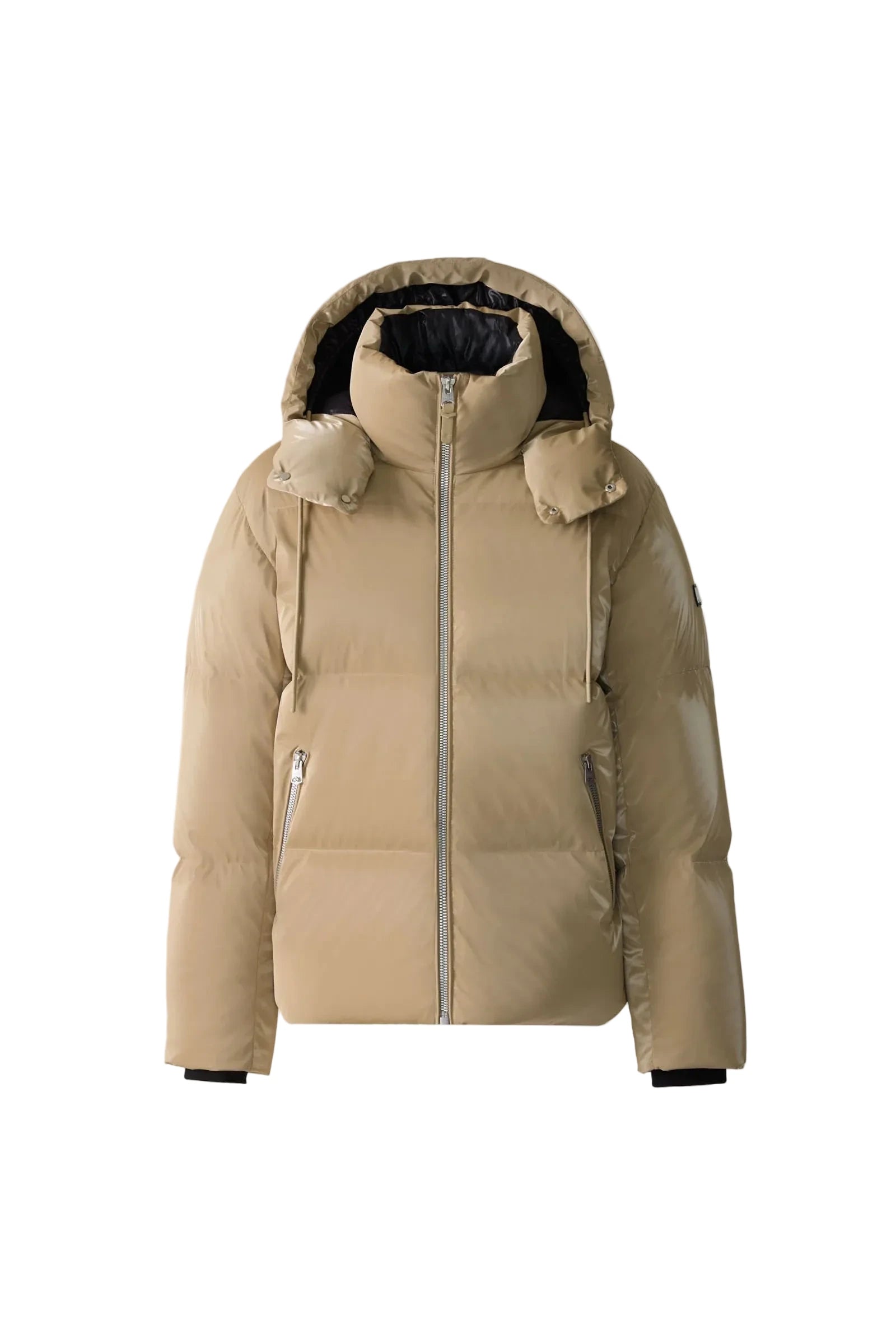Beige winter jacket with fur-lined hood on a light gray background
