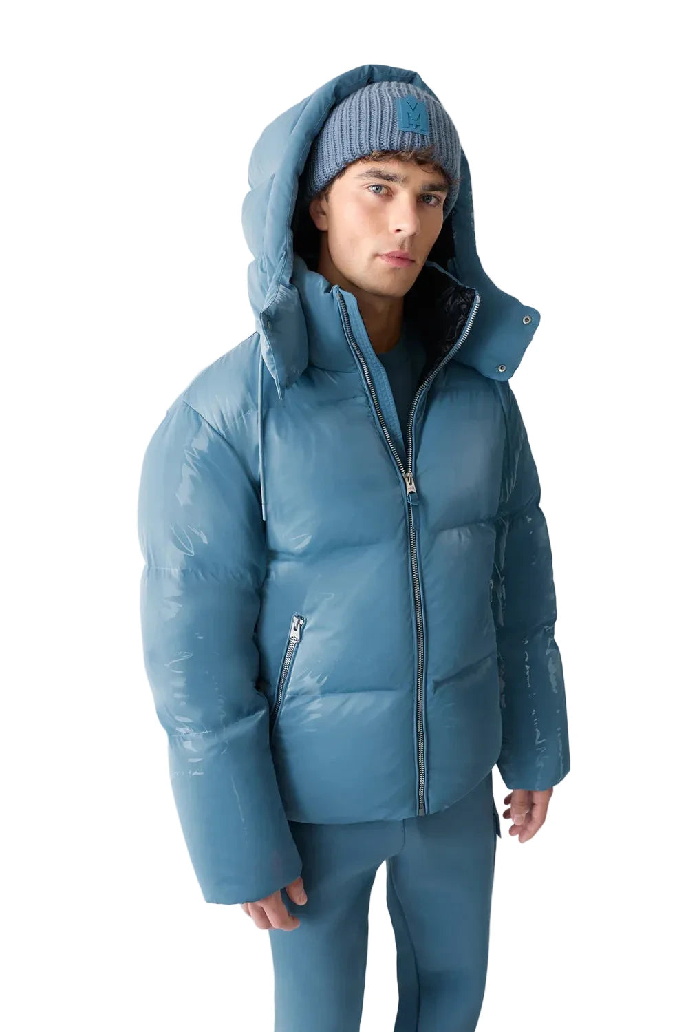Mackage KENT-GLO high-gloss down jacket with removable hood, insulated pockets, and rib knit storm cuffs.